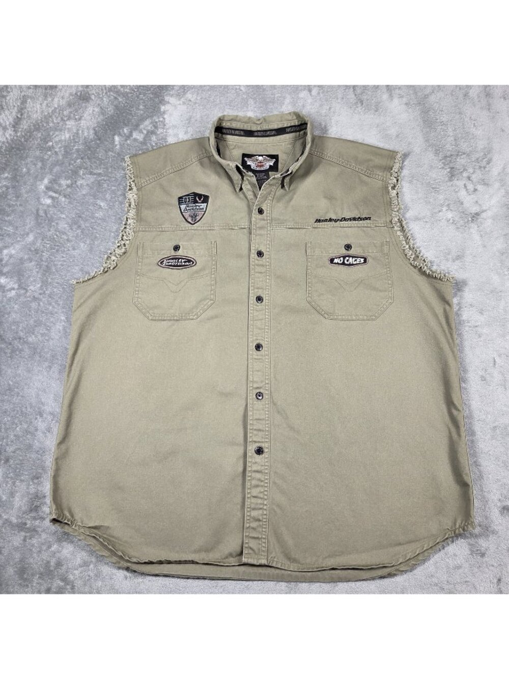 Harley Davidson Shirt Mens XXL Green Sleeveless Button Down Cut Off Biker Vest